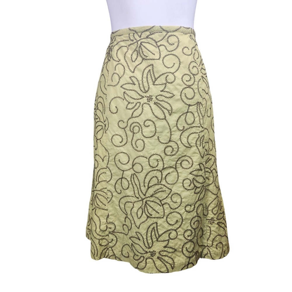 Harolds Cotton A-Line Skirt Womens 8 Lemon Lime Embroidered Boho Cottagecore VTG